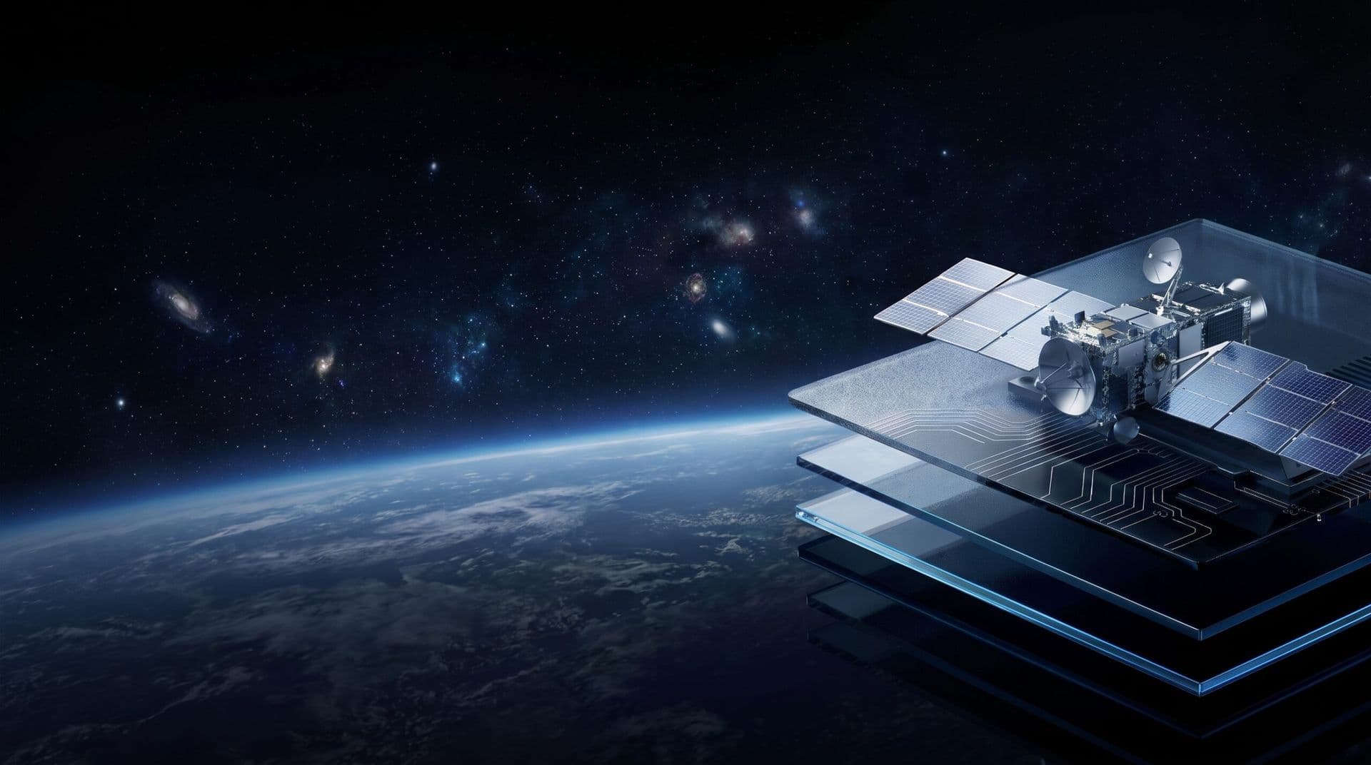 Satellite resting on stacked glass layers above Earth, symbolising layered business connectivity
