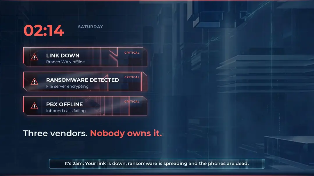 Opening frame of the FirstNet brand film: 02:14 alerts for link down, ransomware and PBX offline