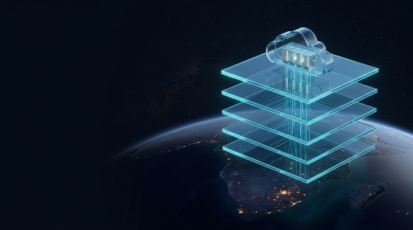 Glass cloud holding server racks above a stack of glass layers over southern Africa at night