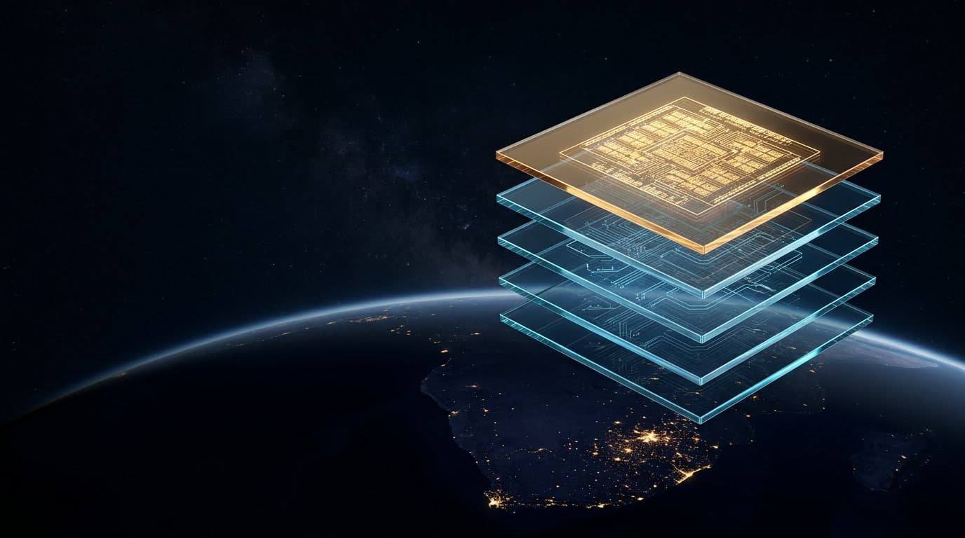 Gold glass layer engraved like a GPU chip above blue glass layers over southern Africa at night