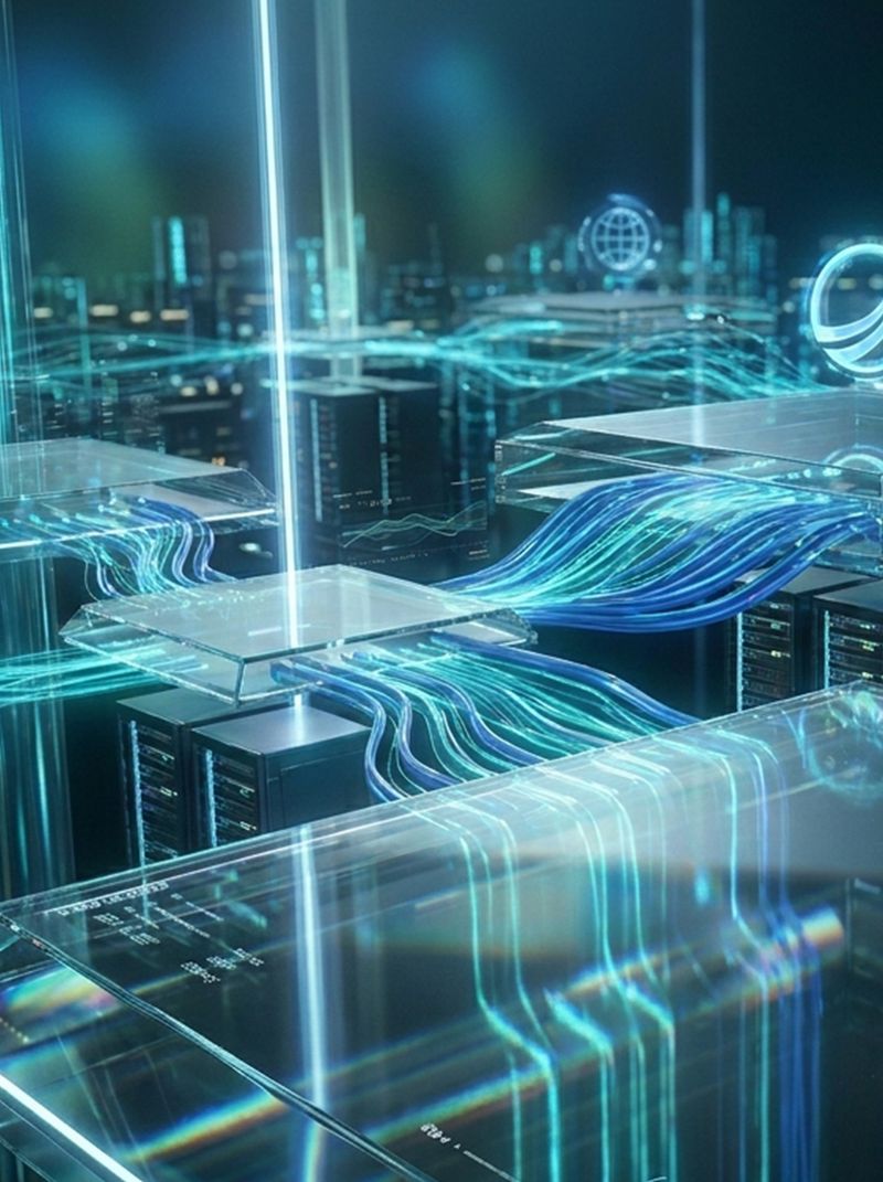 Fibre light streams rising through a glass data centre hall